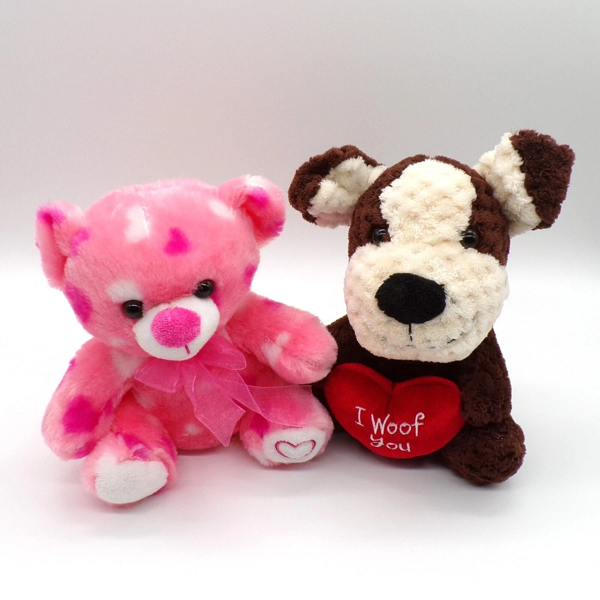 Lot 2 Valentines Plush Teddy Bear Dog Heart I Woof You Love Stuffed Animal Gift