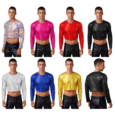 Men's Sparkle Shirts Long Sleeve Crop Tops Disco Nightclub Party