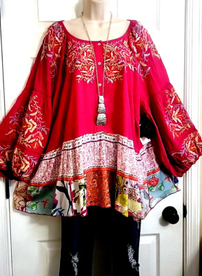 John Mark Art to Wear Boho Embroidered Patchwork Unique Peasant Tunic Plus 2X
