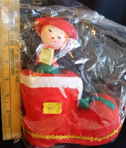 Vint 1980 FLOCKED ELF Felt Figure in CHRISTMAS BOOT Decor Ornament Table Display - Picture 7 of 8