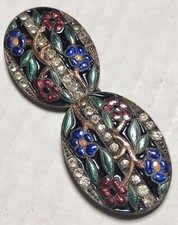 Antique Estate Czechoslovakia Rhinestone enamel floral two piece belt buckle