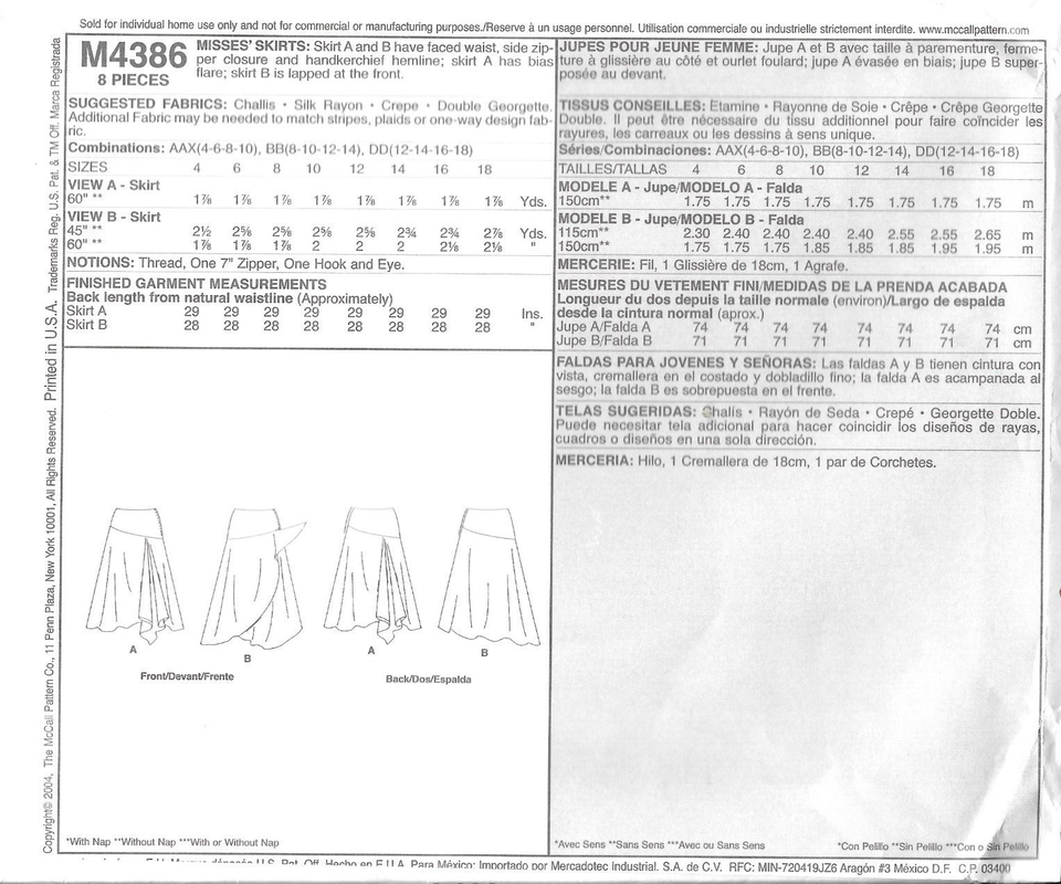 Uncut McCall's Sewing Pattern M4386 Misses' Skirts in Four Variations