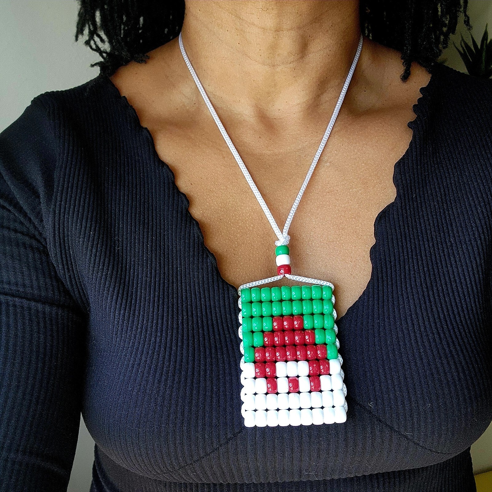Algeria Flag Car Mirror Danglers/ Necklace. Mini Beaded Flag 2.5" x 3