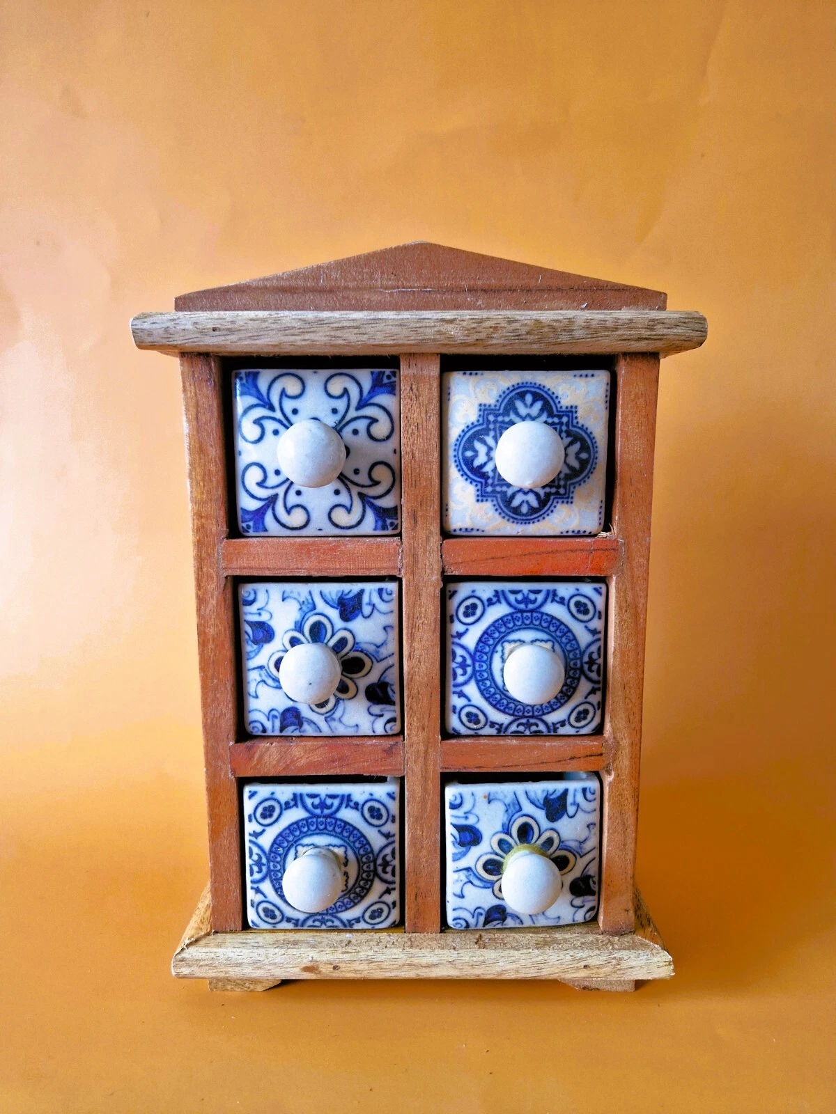 Handcrafted ceramic pottery drawers. Wooden spice holder
