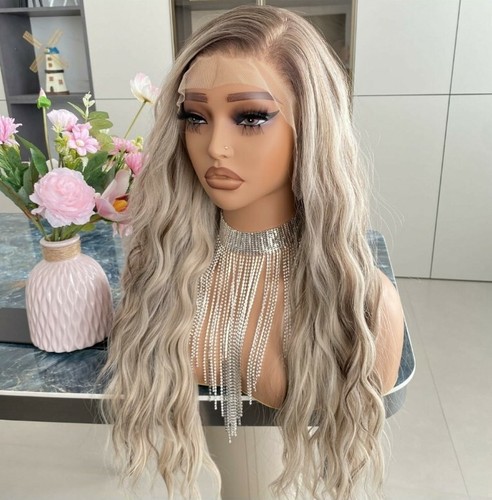 Schmutzige blonde HD Front Lace Perücke Echthaar Mischung Highlights wellig lockig Strand - Bild 2 von 6