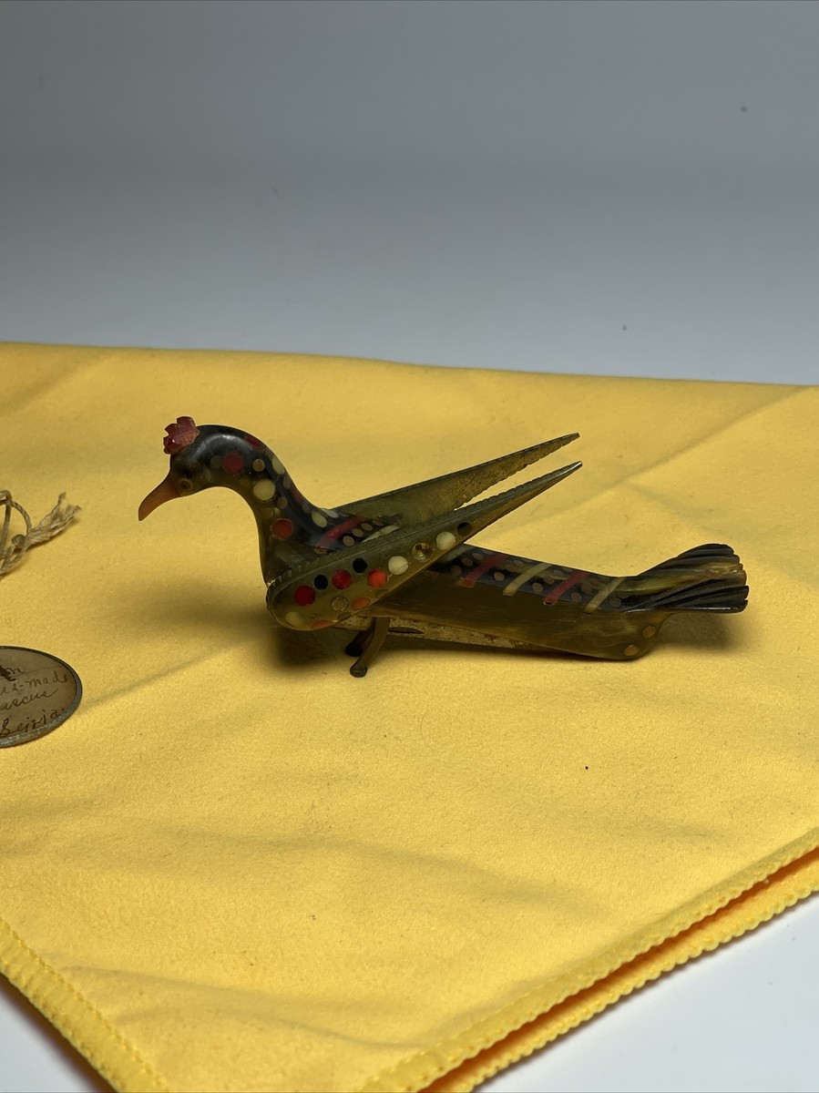 VINTAGE LEBANON CARVED HORN FIGURAL BIRD KNIFE coral, turquoise