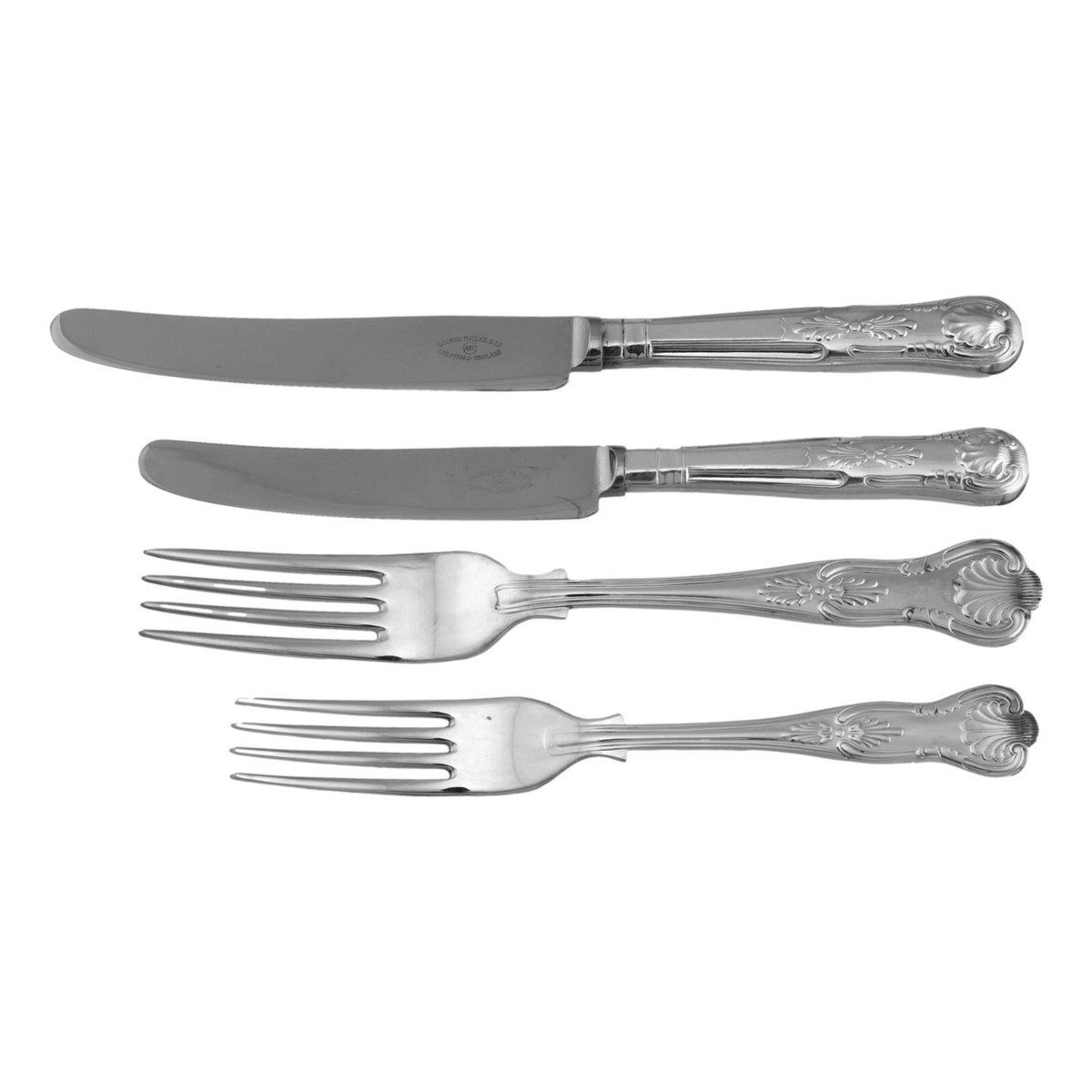 【e Butler】キングスパターンのディナーセット 6名用44本組 George Butler & Co製 シルバー カトラリー食器 8点4セット