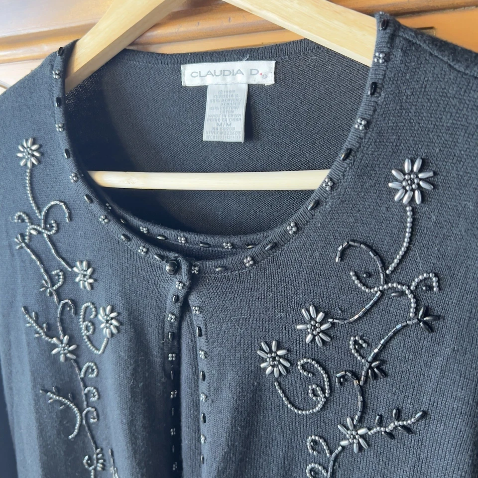 Vintage 1999 Beaded Floral Cardigan Rank Top Set Black Size Medium Y2K 90s  - Image 2 of 4
