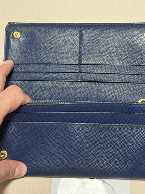 PRADA Blue Checkbook Folding Wallet w/ Logo & Zipper, Credit Card