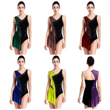 Womens Dress Sleeveless Skirt Performance Leotard Color Block Dancewear Sheer