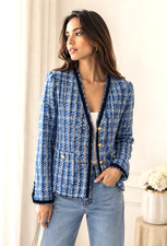 NEW ZARA Tweed Blazer Jacket Gold Buttons Blue SZ S