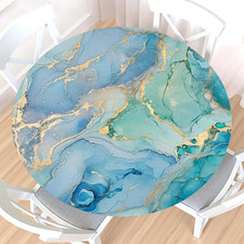 Teal Marble round Fitted Tablecloth with Elastic Edge,Water-Resistant Picnic Tur
