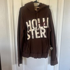 Y2K Hollister Brown Graphic Pullover Hoodie XL Distressed Logo Surf Sweatshirt