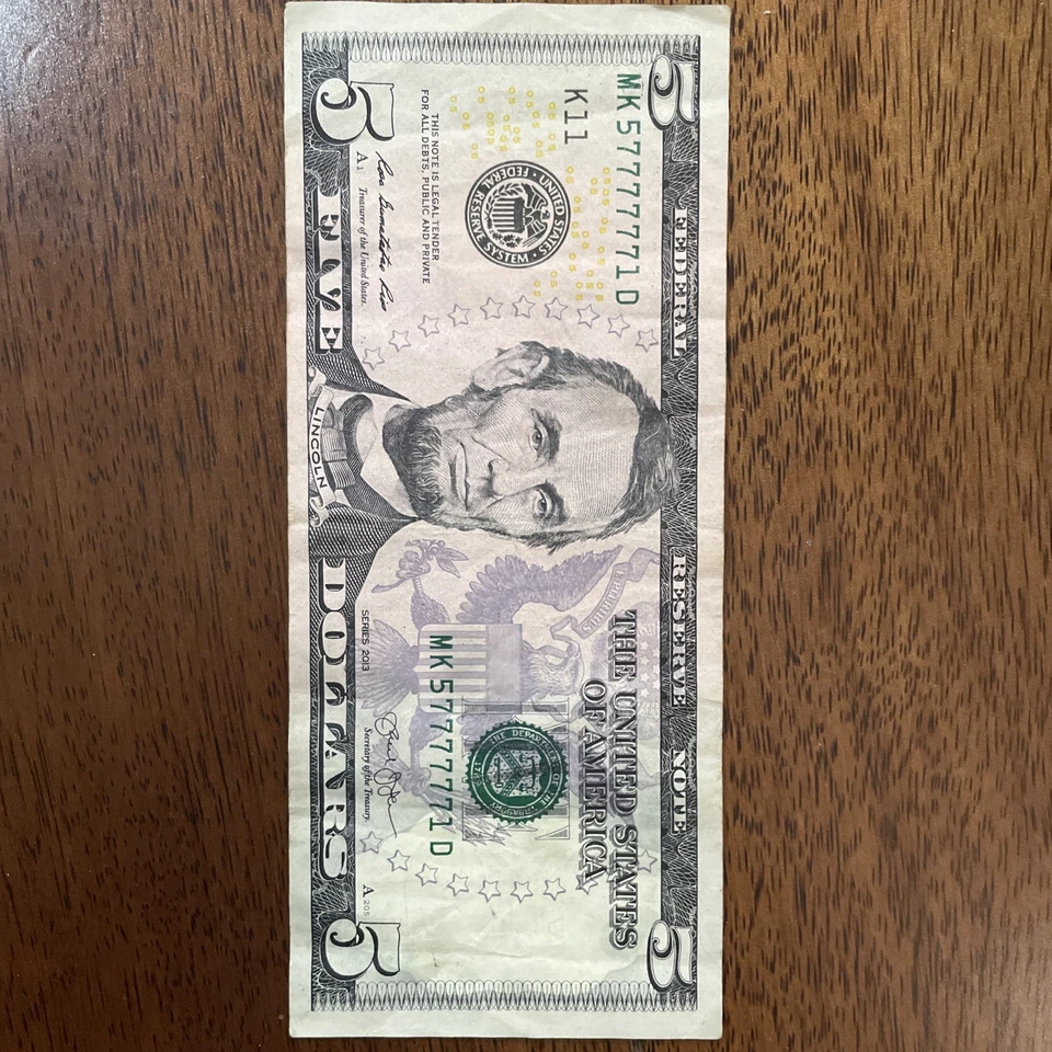 Fancy Serials Numbers Trinary Lucky 🍀 7s  $5 2013 MK(57777771)D 🍀 - Image 3 of 4