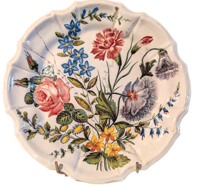 Antike Nove Fayence Blumen Italien handbemalt Rokoko 24,5 cm/10'' Dose glasiert