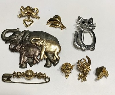 8 Brooch/pins- 3 Angels-Elephants-Dolphins-Cat-Heart W/ribbon-Kilt Pin Vintage