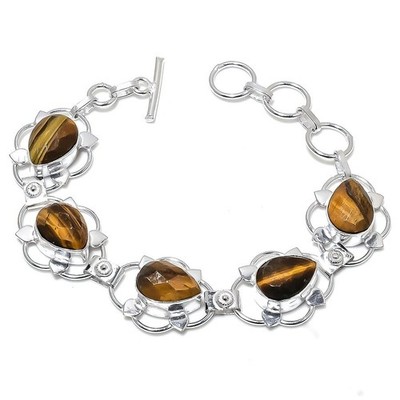 Tiger Eye Gemstone 925 Sterling Silver Jewelry Bracelet Size 7-8'' For Gift