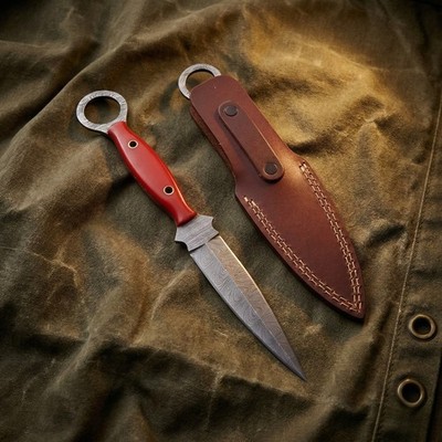 Damascus Fixed Blade Dagger Red G10 Ring Grip EDC Hunting Knife with Sheath