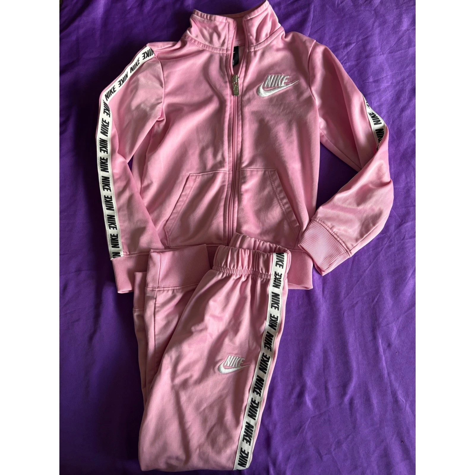 Nike Girls Tracksuit Pink Logo Tape Full Zip Jacket Joggers Set Kids Size 6 5-6Y