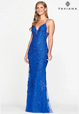 Faviana S10509 Royal Blue Formal Gown Prom Dress Lace Embroidered 6 NEW 478