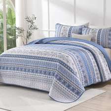 Boho King Quilt Set, Blue Boho Striped Pattern Bedspread Set 3 Pieces, Soft Micr