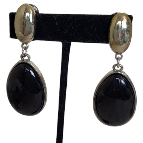 Monet Black Oval Gold Dangle Clip On Earrings - Picture 1 of 3