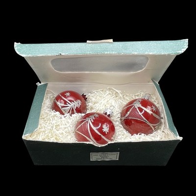 Vintage Egyptian Glass Ornaments 3pc Set Etched Trees Snowflakes Red IOB