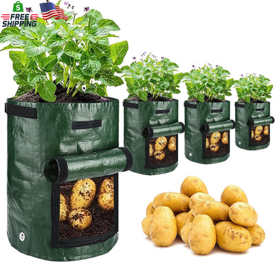 Jjgoo Potato Grow Bags, 4 Pack 10 Gallon with Flap and Handles Planter Pots for 