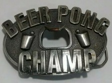 Beer Pong Champ Belt Buckle Bottle Opener Heavy Silvertone Metal Cup Ball Design