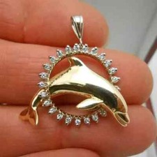 1Ct Round Cut Moissanite Circle Dolphin Pendant 14k Yellow Gold Plated 18" Chain