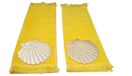 RARE 2 Vintage CANNON Sculpted Shell Seashell Yellow Hand Towels USA - Bild 1 von 6