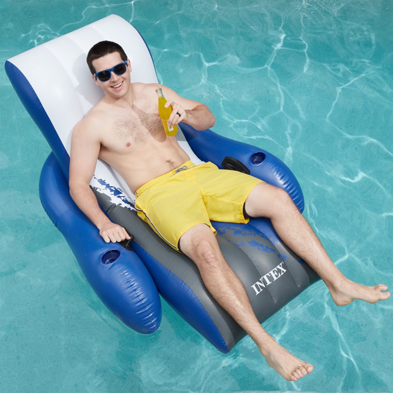 Intex Floating Recliner Lounge Water Flotation Device with Cup Holders Blue W...