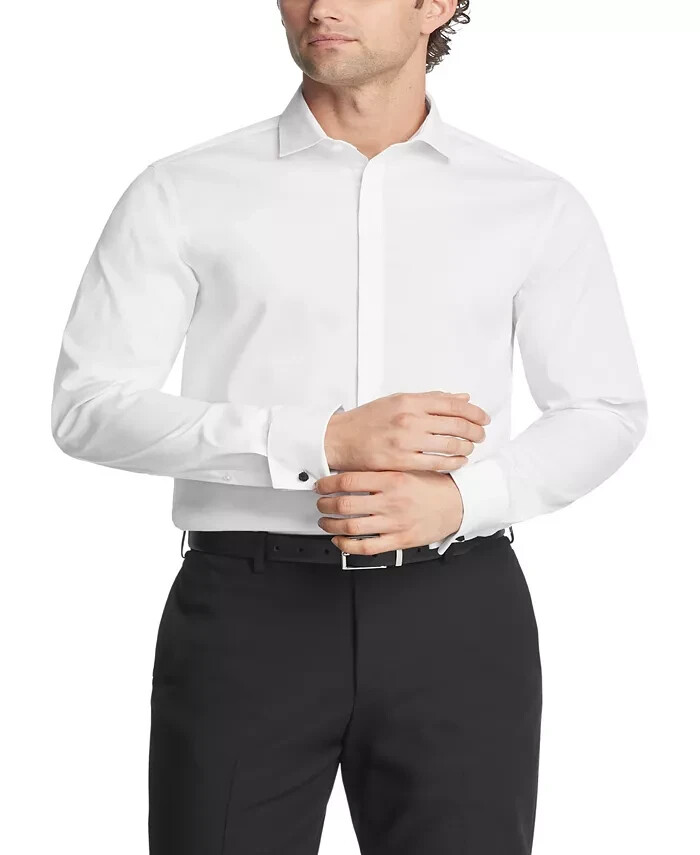 white french cuff dress shirt slim fit Mens Slim Fit White Textured Spread French Cuff Wrinkle Free Cotton Dress Shirt, 17 / 32/33