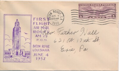 #ad First Flight Air Mail Route AM 29 POD Baton Rouge Louisiana 6 4 1932 #C12 Winged $5.40