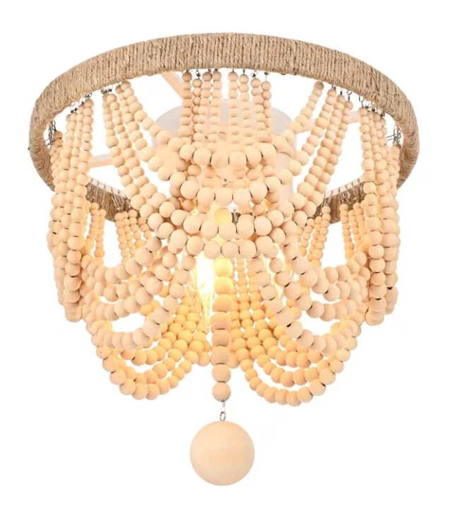 Flush Mount Chandelier Ceiling Light Fixture Shabby Beige Chic Wood Beads Rope - Изображение 3 из 4