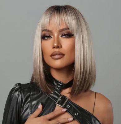 Short Straight Synthetic Wigs for Women Blonde to Brown Ombre Bob Wig with Bangs