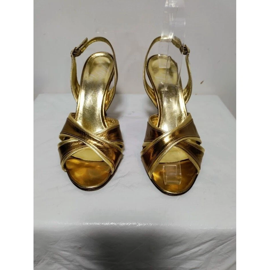 Alejandro Ingelmo Leather Metallic Peep Toe Stiletto Slingback Sandals 7 - Image 2 of 4