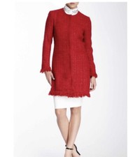 New Red Tweed Vertigo Paris Fringe Long Wool Coat Jacket Size Lg $360 Retail
