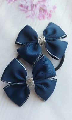 ADRIJAS BOWTIQUE 2 x school Hair bow bobbles school uniform bow navy blue silver hair bow 8 cm