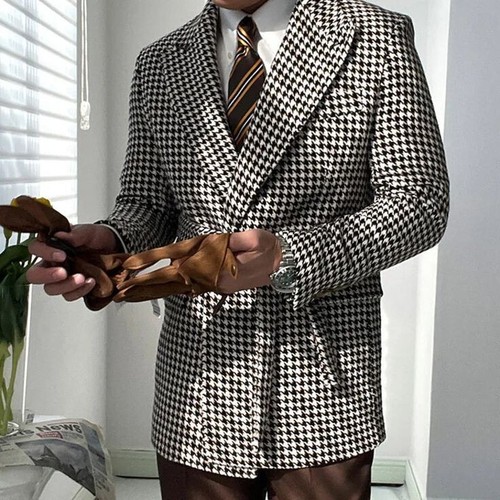 Men Houndstooth Double Breasted Blazer Leisure Groom Prom Tuxedo Jacket Coat - Picture 5 of 15