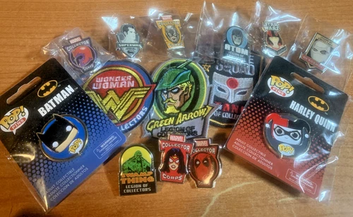 FUNKO PIN & PATCH LOT NIB-MARVEL-DC-BATMAN-DEADPOOL-QUINN-SWAMP THING-MORE