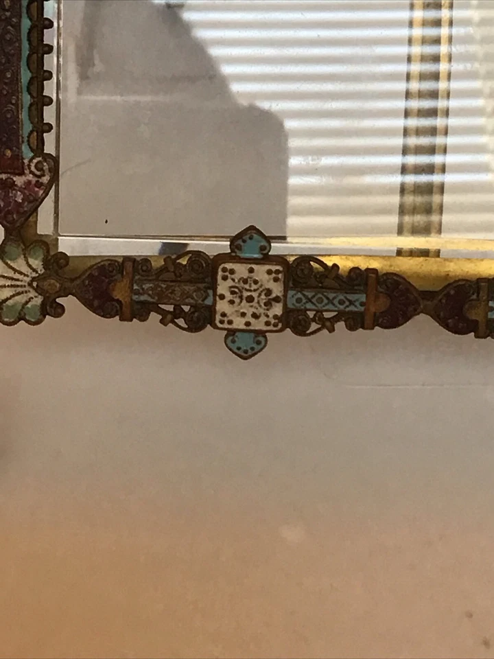 Antique French Champleve Dresser Top/Hanging Picture Frame Beveled Glass Insert - Image 4 of 4