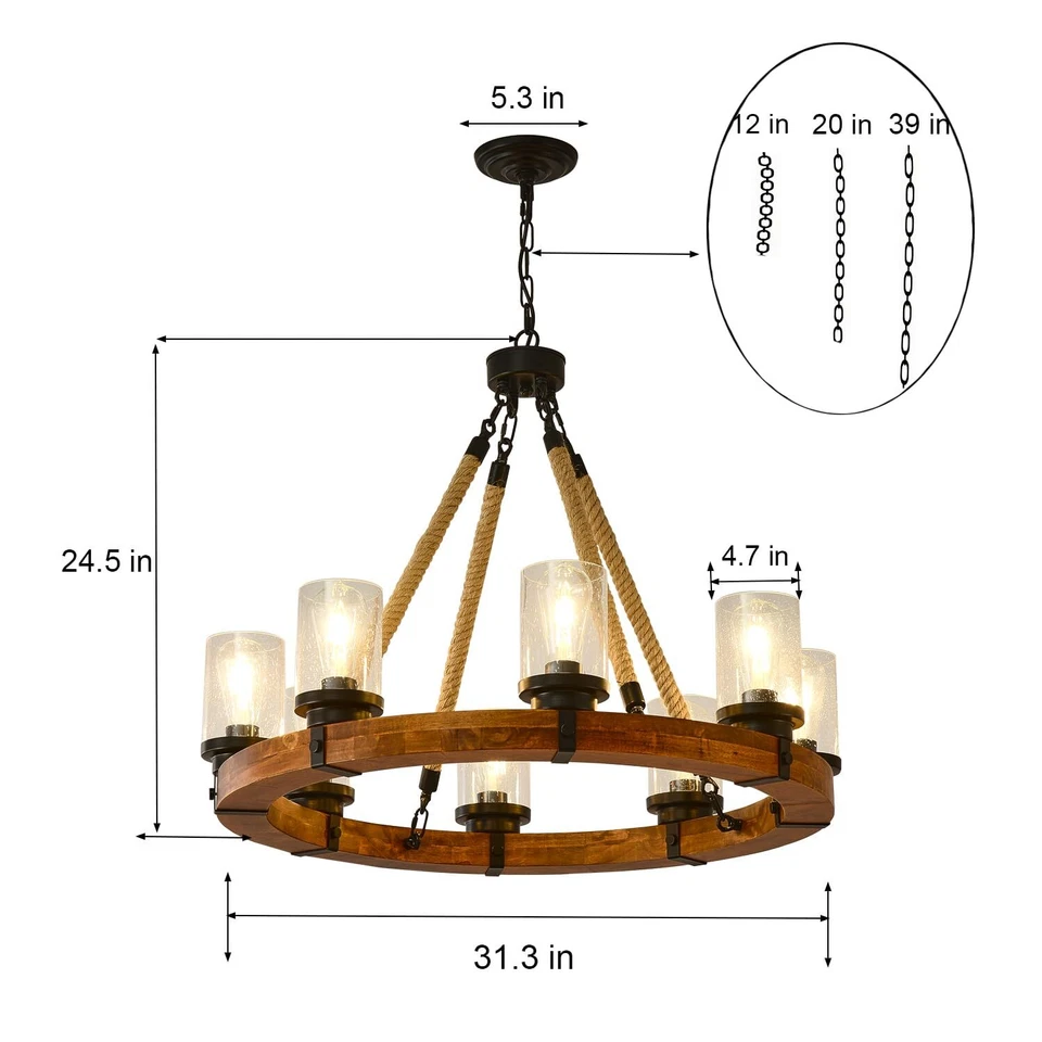 Lámparas de araña redondas de madera con ruedas de vagón de 8 luces con vidrio sembrado Sh... Foto 4 de 4