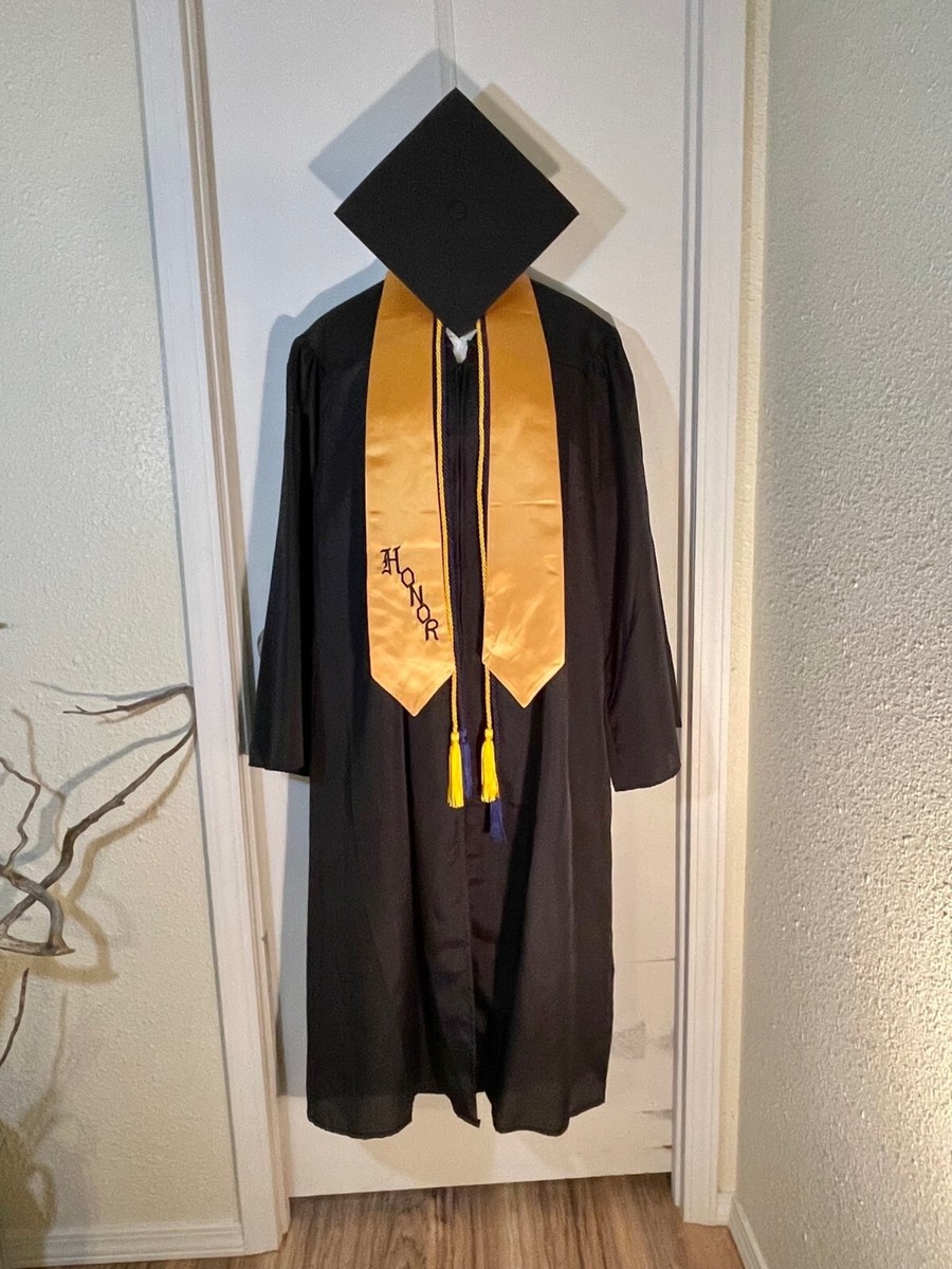 almostblack21aw　BOA HOOD STOLE Oak Hall Adult Graduation Cap & Gown Set, Black Grown & Cap Gold