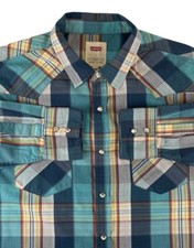 Levis Western Pearl Snap Shirt Mens L Blue Plaid Long Sleeve Cowboy Ranch Farm