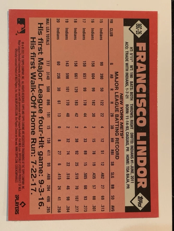 2021 Topps Update Francisco Lindor 1986 Topps Chrome Mojo Refractor - Image 3 of 3