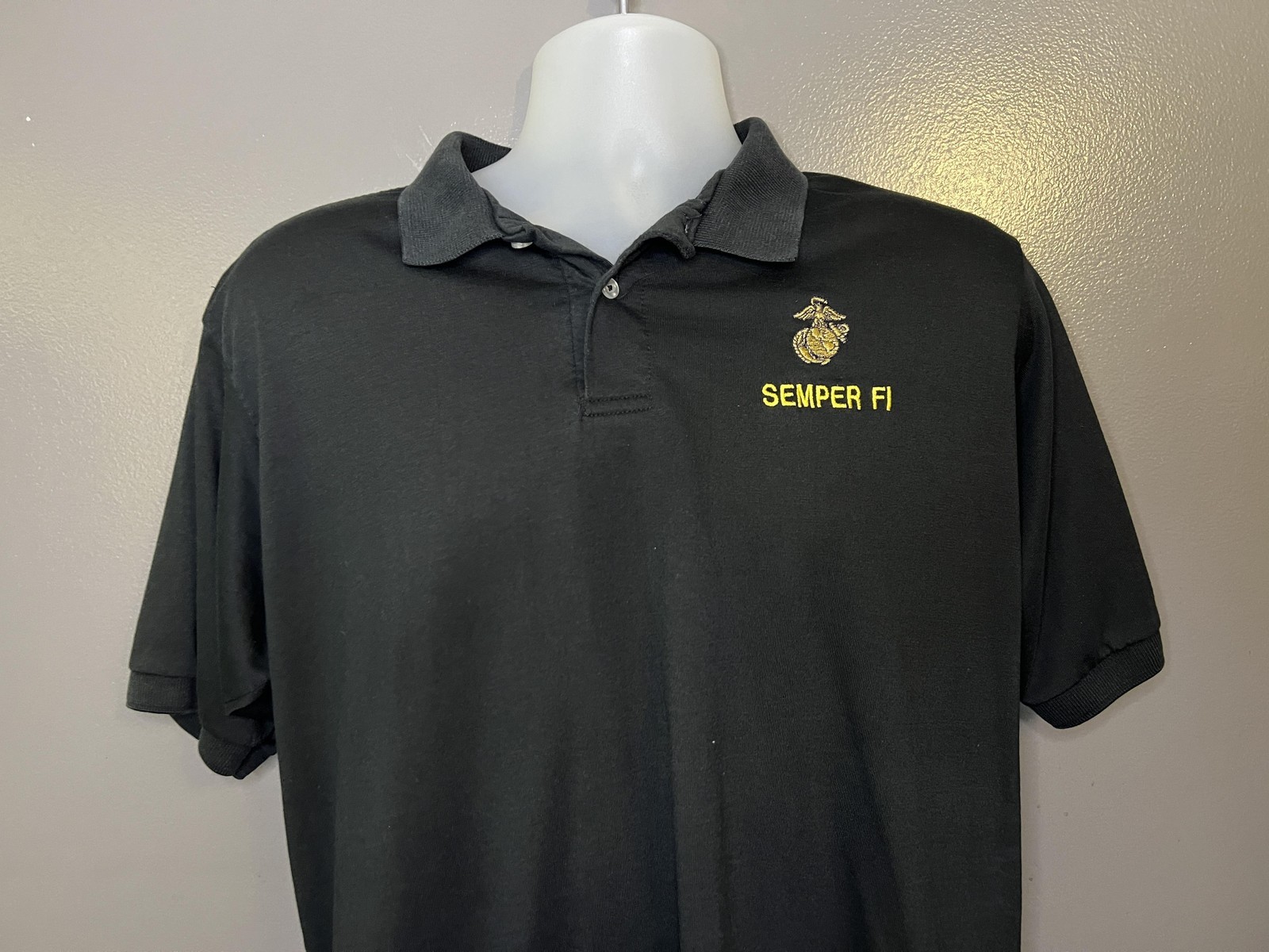 Vintage USMC Semper Fi Hanes Polo Shirt Mens XL Black Made In USA Embroidered