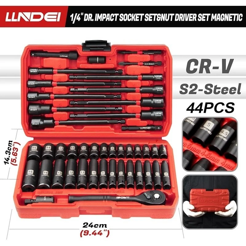 44PCS 1/4 Drive Metric Impact Socket Set W/ Ratchet Extension Nut Driver New - Image 3 of 4
