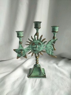 Vintage Celestrial Retro Sun Moon And Star Candle Holder Brass Bronze Green Gold