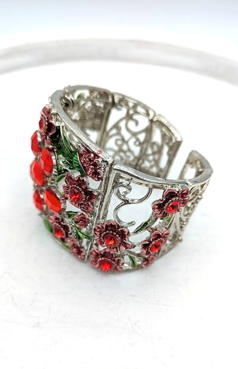Red Rhinestone Cuff Bracelet Silver Floral - image 6